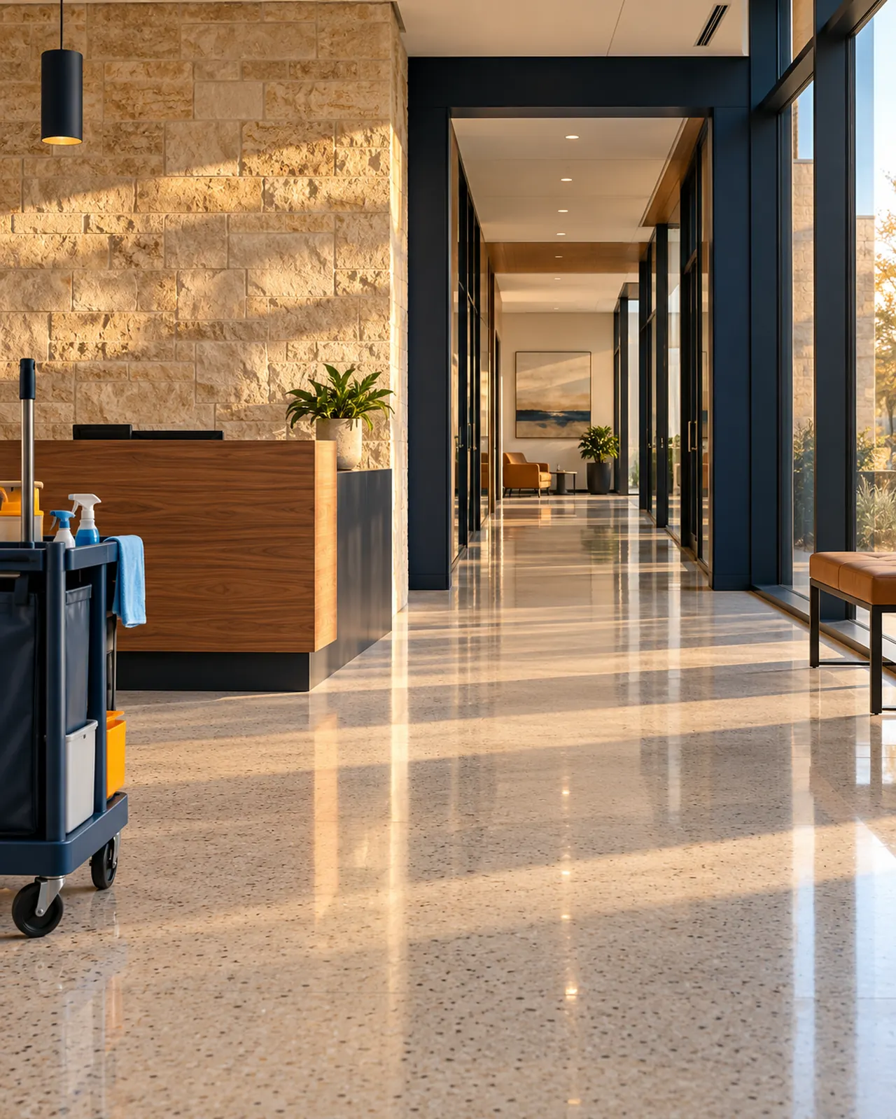 Illustrated commercial lobby with limestone walls, a clean floor, and a neatly organized cleaning cart.